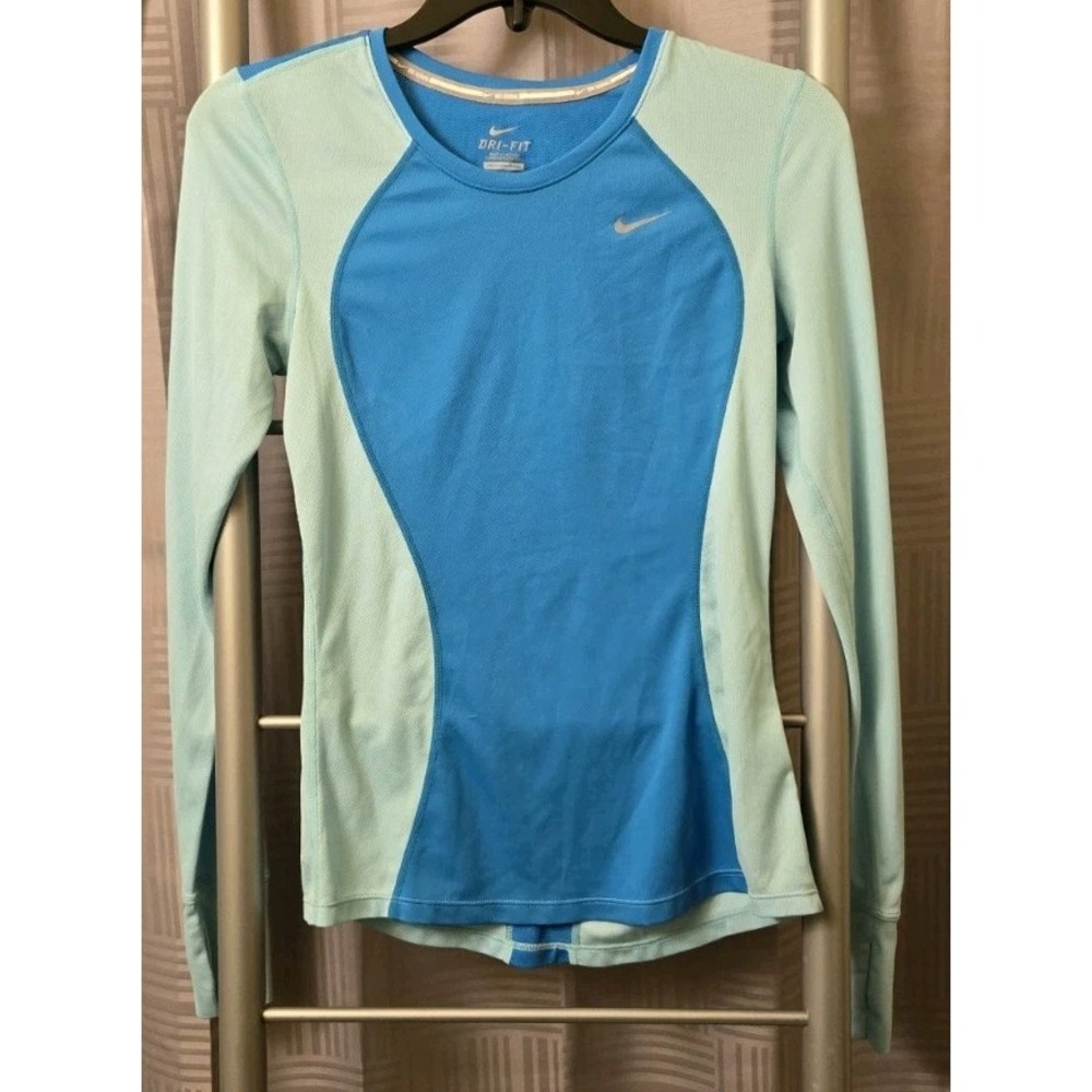 Women's Nike DriFit Long Sleeve Running Shirt Two-tone Blue XS Thumb Hole